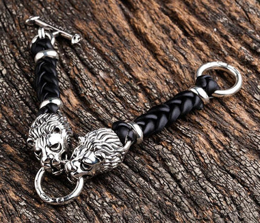 สร้อยข้อมือเงินแท้ ดีไซน์สิงโตบนสายหนังแท้ รหัส 3292