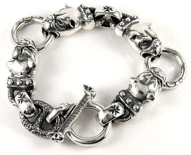 สร้อยข้อมือเงินแท้หัวบูลด็อกสี่หัว