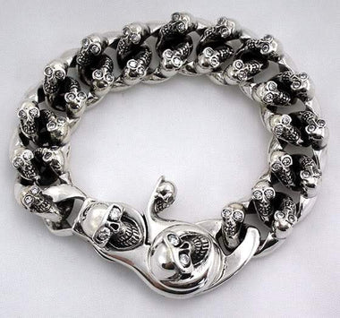 สร้อยข้อมือเงินแท้ลายหัวกะโหลกฝังเพชร CZ คลิปก้ามปู