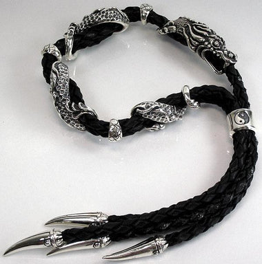 สร้อยข้อมือหนังแท้ แต่งด้วยมังกรเงินแท้